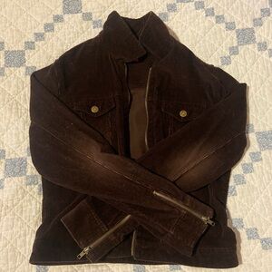 Brown corduroy jacket with gold/brass buttons and zippers